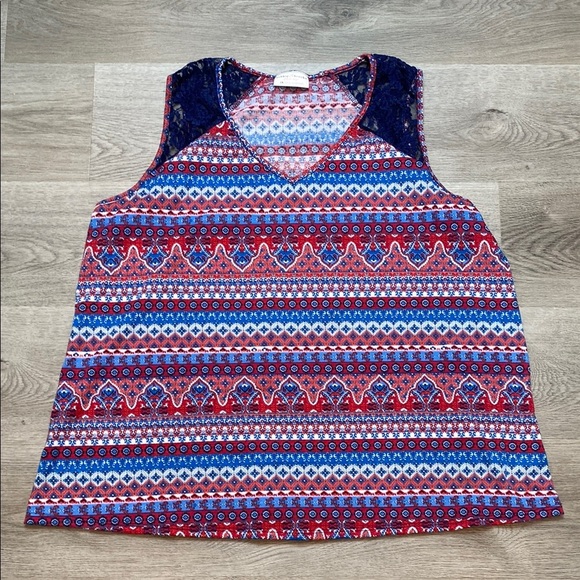 Bobbie Brooks Patterned Sleeveless Top - Red & Blue Lace Straps Women’s 1X - Picture 1 of 4